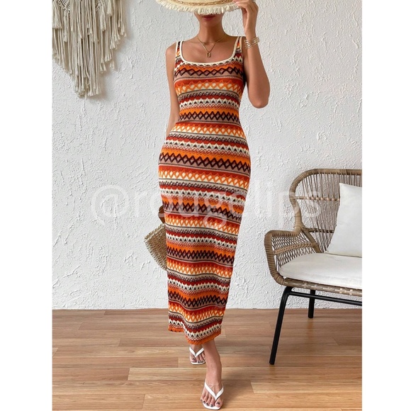 Knit Striped Tank Dress Side Leg Slit Long Ribbed Multicolor Long, Slim - Picture 5 of 13